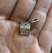 Vintage Solid Sterling Silver Lucky DICE 925 Necklace Pendant Stamped Crystal GC