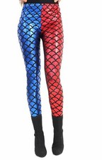 CHILDRENS HALLOWEEN HARLEY QUINN RED & BLUE SHINY MERMAID LEGGINGS COSTUME KIDS