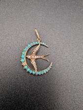 Antique 9ct Gold Pendant Pave Persian Turquoise Bird Crescent Moon Seed Pearl 