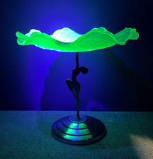 VINTAGE URANIUM GLASS GLOWING ART DECO CHROME DANCING LADY CAKE STAND PLATE