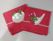 LAURA ASHLEY pair red embroidered Christmas cotton small runner cloths 72 x 51cm