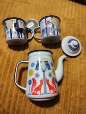 Folklore Nina Jerama Enamel Coffee Pot And X2 Enamel Mugs.