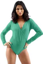 Women Long Sleeve V Neck Bodysuit Ladies Plain wrap over Leotard Fitted Top 8-22