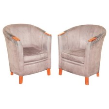 PAIR OF VINTAGE SUEDE TUB ARMCHAIRS WITH WOODEN ARMRESTS NICELY SIZED PIECES