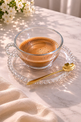 Glass teacup saucer spoon set - teacup,