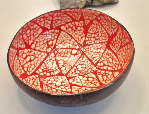 Round wooden bowl red white - bowl,,
