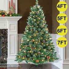 4/5/6/7ft Artificial Snow Frosted Christmas Tree with Lights Xmas Bushy Pinecone