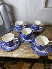Vtg blue Broadhurst Ironstone England Tea Cups & Saucers Set of 5 English Scene