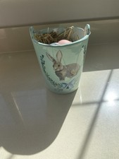 Ceramic Easter Bucket/Planter with Handle and Speckled Easter Egg Decorations