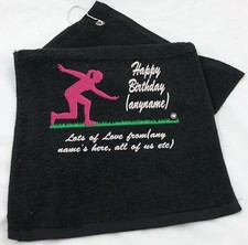 PERSONALISED CROWN GREEN BOWLING TOWEL EMBROIDERED, PRESENTATION GIFT, LADY TEXT