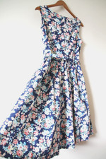 Lindy Bop Floral 50s Swing Dress Belted Cotton Blue UK 14 Vintage Style NEW