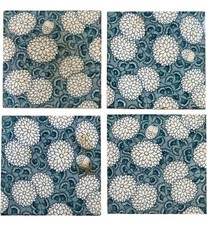 Antique Edwardian Art Nouveau Floral Ceramic Tiles Blue White Collectable x 4