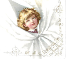 Victorian Christmas Greeting Card Girl Child Curtains 3 1/2" x 3 1/2"