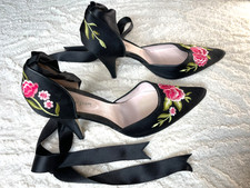 Monsoon Embroidered Black Satin High Stiletto Ribbon Tie Evening Shoes UK size 8