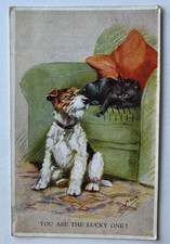 Vintage ca 1910s Postcard Artist Mabel Gear "You Are the Lucky One" Dog Cat art