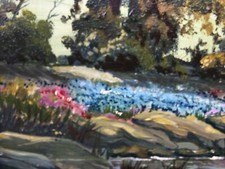 Beautiful Riverbank with stepping stones  Oil by JD Stirk   19 by 14 ins  (069)