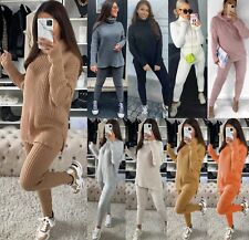 Womens Knitted High Roll Neck Tracksuit Ladies Ribbed Loungewear Suit Co-ord Set