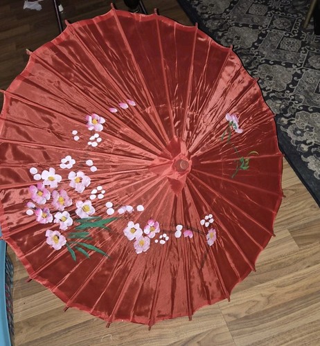 Vtg silk parasol red oriental - silk,