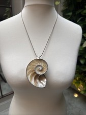  Silver Trimmed Nautilus Sea Shell Necklace with vintage pendant bohemian