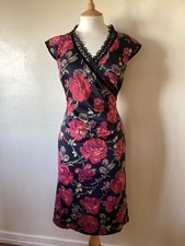 KAREN MILLEN FLORAL ROSE LACE TRIM STRETCH SATIN FITTED WIGGLE DRESS SIZE UK 10