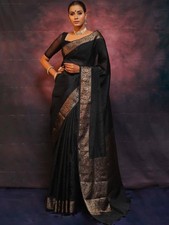 Women Beautiful Soft Lichi Silk Black Saree With Blouse Bollywood Wedding Party