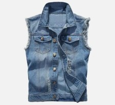 UK Mens Ripped Denim Vest Sleeveless Trucker Biker Jeans Jacket Waistcoat Gilet