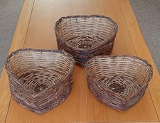 3 x Heart Shaped Woven Wicker Display/Storage Baskets