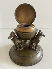 Antique English Brass 3 Whippet  greyhounds sculpture Inkwell 