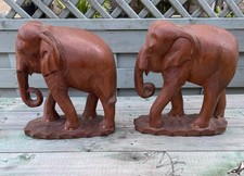 A Pair of Hand Carved Solid Wood Elephants Figurines Collectibles