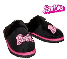 GIRLS BARBIE BLACK SLIPPERS OFFICIAL BARBIE FUR LINED MULES SLIPPERS UK SIZE 8-2