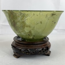 Vintage Chinese 9.5cm Jade Bowl On Matched Wooden Stand Chipped