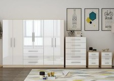 Large 6 Door Bedroom Set - Wardrobe, Chest & 2 Bedside Drawers, Grey/Black/White