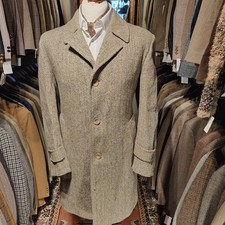 Vintage Mens 38R HARRIS TWEED Herringbone Overcoat Coat Jacket Wool Green V