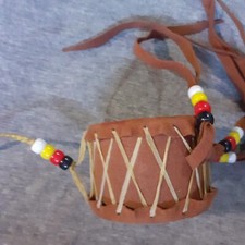 native american drum souvenir , small 2x3 in., beads, rawhide tassels