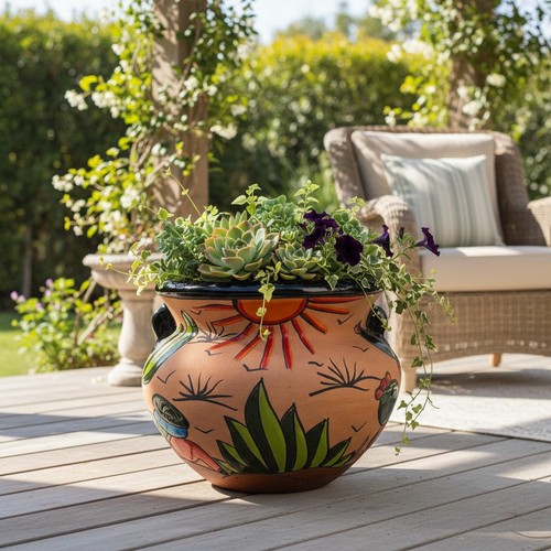 Talavera terracotta planter - terracotta,