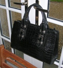 HOBBS LARGE BLACK PATENT LEATHER MOCK CROC VINTAGE HANDBAG GRAB BAG TOTE