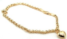 9CT GOLD BELCHER BRACELET HEART CHARM CHAIN 9 CARAT YELLOW GOLD 7.25 inch LOVE