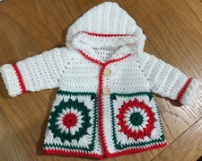 baby first christmas granny square crochet hoodie, white,green and red 0-3 month