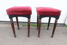 Pair of Two Vintage Pub Stools Red Square Upholstered Top Wooden Mahogany? Legs