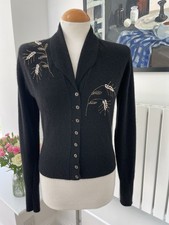 Vintage WILSONIAN Hawick, Scotland black embroidered 100% cashmere cardi, 36 UK8