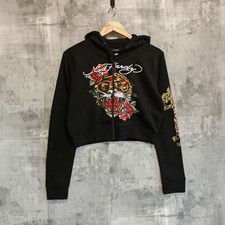 Ed Hardy Black Tiger Rose Zip Up Hoodie XL Tattoo Graphic Cropped Sweatshirt