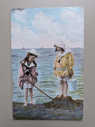 Old postcard girl beach - postcard,