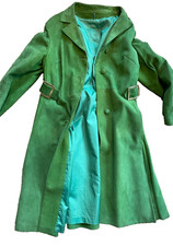 Beautiful Long Green Suede Coat  Hammered Gold Pirate Buckles at Waist  Size 12