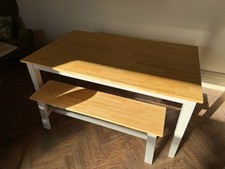 Wayfair Table & 2 Benches, Light Grey Frame & Maple Butchers Block style tops
