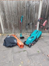 Bosch Rotak 32r Lawnmower, Bosch Art 23L Trimmer, Flymo Gardenvac 2700W Blower