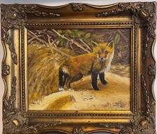 Vintage oil painting Fox pup portrait forest landscape signed framed