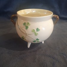 Antique Belleek Porcelain Handled Shamrock Cauldron. 2nd Black Mark 1891 - 1926.