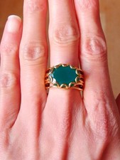 Natural Green Onyx Solitaire Crown Ring 14K Gold plated 925 Sterling Silver Sz O