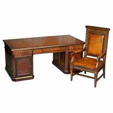 RESTORED ANTIQUE RUSSIAN MAHOGANY & GILT METAL PARTNER DESK & LEATHER ARMCHAIR