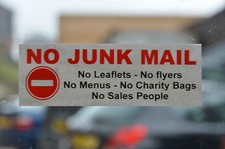NO JUNK MAIL LEAFLETS FLYERS CHARITY BAGS MENUS SALES PEOPLE window sticker 